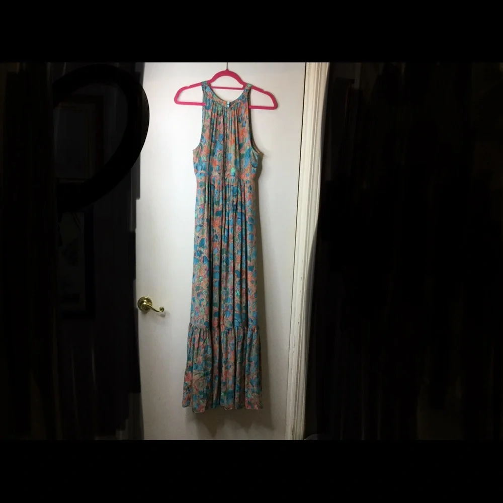Anthropologie Plenty by Tracy Reese watercolor floral teal silk halter maxi dres - Picture 6 of 9